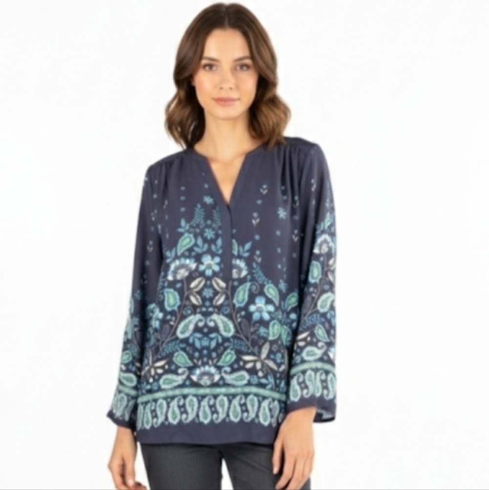 NYDJ Navy Blue Patterned Women's Top Size Med